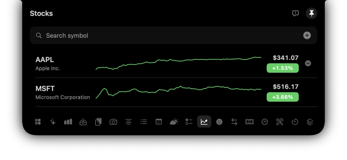 Stocks in the OmniNotch panel